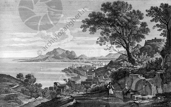 Antica incisione Albero fontana vista panoramica della baia Golfo