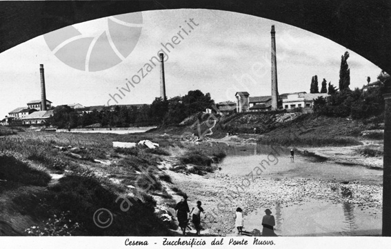 Vista dello Zuccherificio di Cesena da sotto al ponte nuovo Tre ciminiere fiume savio argini rive