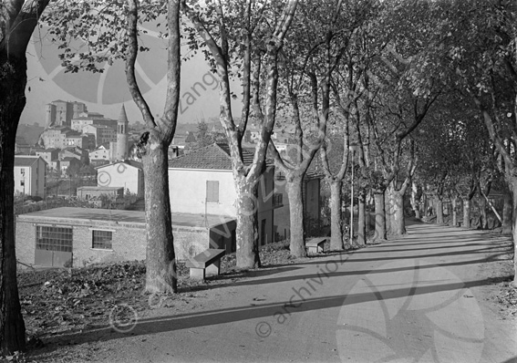 S.Agata Feltria Via S.Girolamo e paese Viale alberato panchine paese campanile castello rocca Fregoso