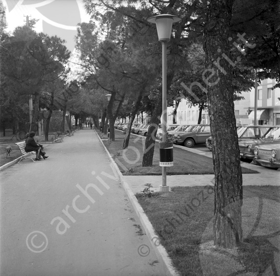 Vialetto pedonale in viale Carducci Pista ciclabile lampione con cestino bidone zona ex giardinetto tennis pini auto parcheggiate panchina