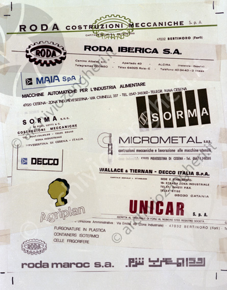 RODA Montaggio varie ditte roda logo iberica maia costruzioni meccaniche cartellone alimentare sorma micrometal decco wallace & Tiernan unicar agriplan maroc