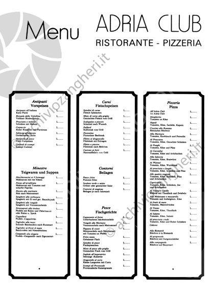 Listino prezzi Adria Club Antipasti minestre carne contorni pesce pizzeria