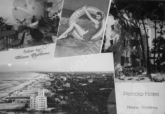 Piccolo Hotel Milano Marittima Fotomontaggio cartolina saluti ragazza ciambella gonfiabile aerea costa spiaggia mare salotto esterno