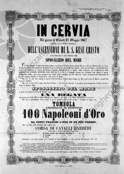 Manifesto Cervia 1857 Sposalizio del mare Tombola 100 Napoleone d'oro corsa dei cavalli bar Bury regata ascensione di nostro signore Gesù Cristo