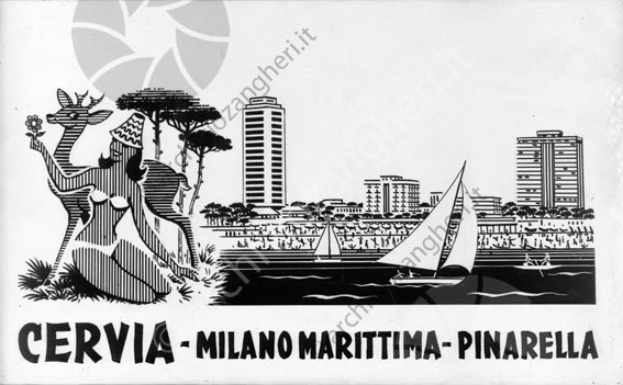 Bozzetto disegno Cervia Milano Marittima Pinarella barche vela cerbiatto grattacielo costa mare spiagia riva alberi pini