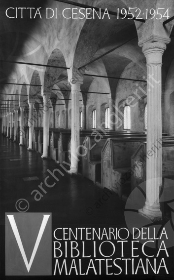 Biblioteca Malatestiana Riproduzione manifesto centenario 1952-1954 portico colonne banchi volte quinto centenario 