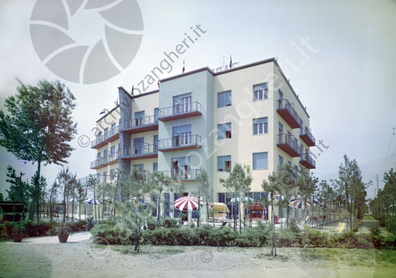 Hotel Zadina esterno albergo al mare edificio terrazze alberi cortile ombrelloni lettini dondolo ingresso 