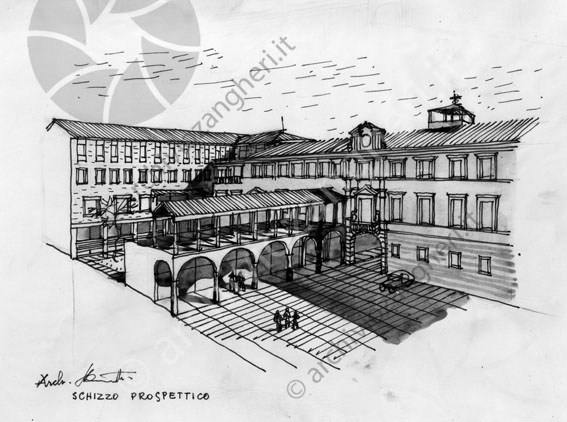 Disegno schizzo prospettico sdisegno schizzo piazza edificio terrazza portico 