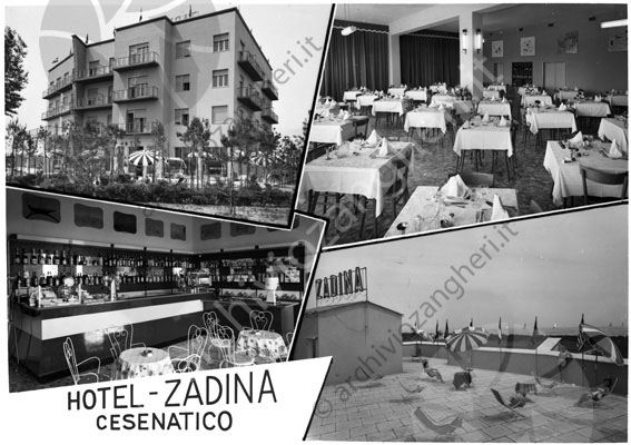 fotomontaggio Hotel Zadina fotomontaggio albergo edificio mare sala da pranzo tavoli salone bar terrazza ombrelloni sdraio alcolici 