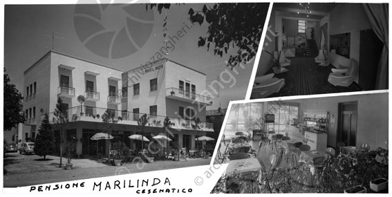 Fotomontaggio pensione Marilinda Cesenatico fotomontaggio albergo hotel edificio esterno bar corridoio ingresso 
