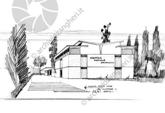 Disegno cantina sociale di Savignano disegno progetto bozzetto edificio esterno giardino 