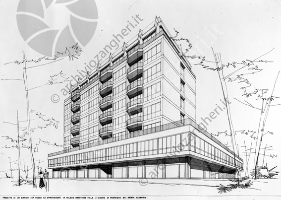 Disegno progetto palazzo Milano Marittima Viale 2 giugno disegno bozzetto progetto palazzo albergo hotel 