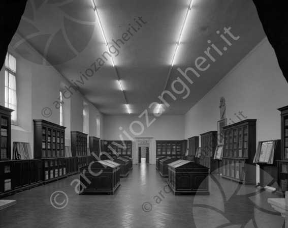 Biblioteca Malatestiana sala Piana biblioteca salone scaffali mobili teche vetrine librerie libri 