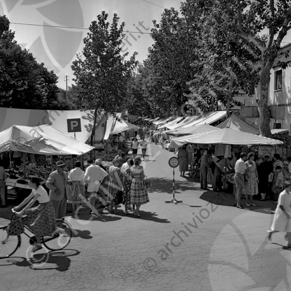 Mercato ambulanti Cervia Banchette bancarelle donne gente bicicletta mercato ambulanti strada alberata brodetto arrosti fritto di pesce